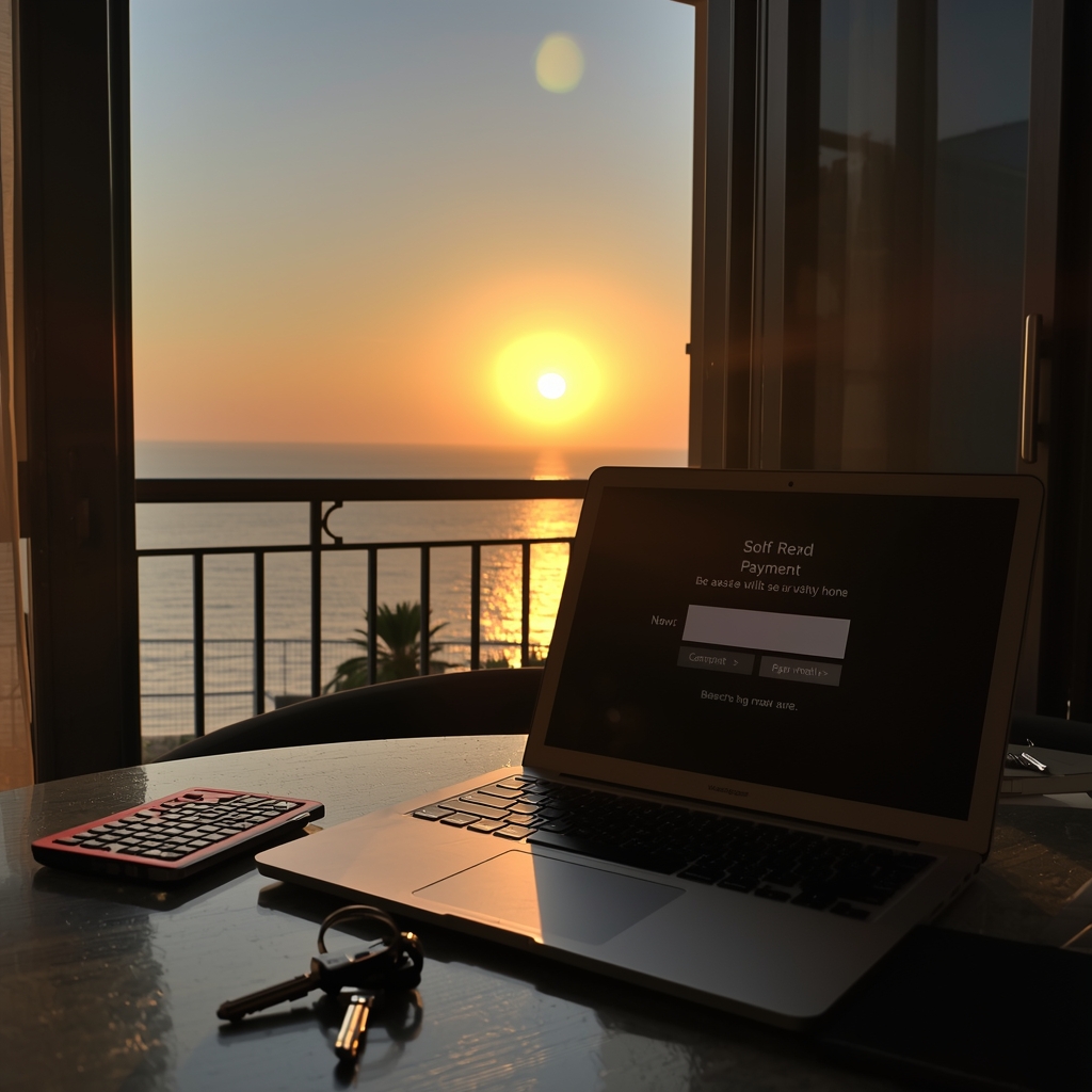 lucid-origin-2-text-golden-sunset-balcony-sea-view-open-laptop-with-payment-screen-no-readabl-0